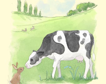 Pre-order Fabric panel All in a row cow and bunny farm nursery cream 30.5 cm square quilting cotton