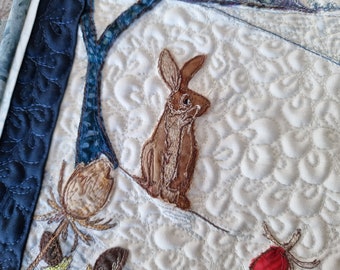 Original art for sale 'Wintery rabbits' 13" by 13" Wall hanging embroidered textile art