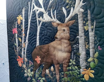 Original art for sale 'Autumn forest stag ' 18" by 18" Wall hanging embroidered textile art