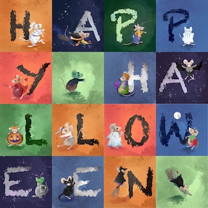May include: A colorful illustration of the word "Happy Halloween" spelled out with letters made of watercolor paint. Each letter features a cute mouse dressed in a Halloween costume.