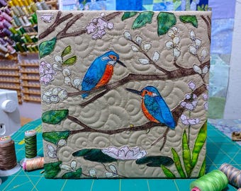 Fabric kit and Printed pattern kingfisher 12" raw edge applique tutorial free motion embroidery