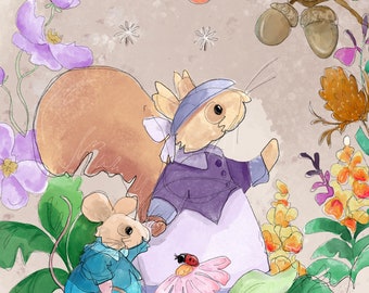 Pre-order Fabric panel autumn collecting nuts squirrel miss poppy & Florrie mouse  on taupe 30.5 cm square quilting cotton