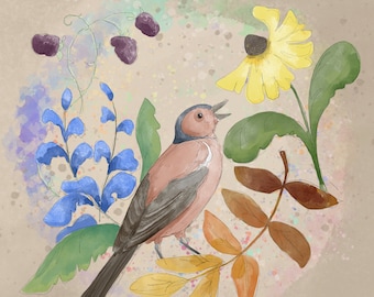 Autumn Chaffinch and flowers printed panel on quilting cotton 30.5 by 30.5 cms