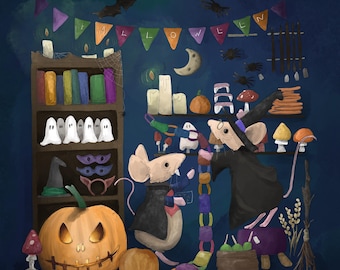 Vintage Halloween shop decor mice printed panel on quilting cotton 30.5 by 30.5 cms