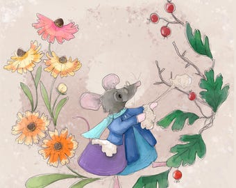 Pre -order sally collecting wool shrew printed panel late summer time 30.5 by 30.5 cms