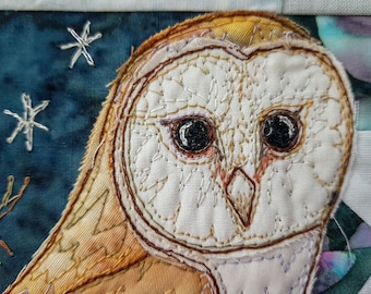 Printed  pattern for the Winter Hedgerow Block 4 barn owl, bluetit pine-needles quilt raw edge applique tutorial free motion embroidery