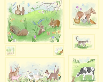 Pre-order Fabric panel  All in a row panel set of 7 panels of different sizes cow geese pig horse bunny farm nursery cream quilting cotton