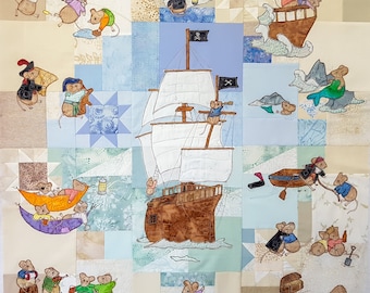 Full PDF pattern set for Captain Harry Elm  pirate Blocks 1 to  6 quilt raw edge applique tutorial free motion embroidery