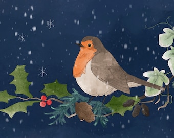 Christmas card Robin and winter foliage  210mm by 100mm  blank inside