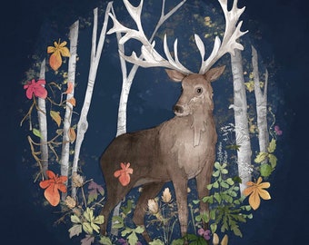 Pre-order Fabric panel autumn navy stag on dark blue 47 cm square quilting cotton