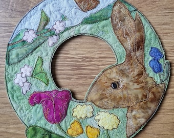 Original art for sale 'Spring rabbit wreath in' 8" by 8" Wall hanging embroidered textile art