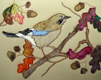 PDF pattern for Autumn Jay and oak leaves raw edge applique tutorial free motion embroidery