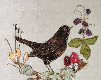 Printed pattern for autumn blackbird berries toadstools raw edge applique tutorial free motion embroidery