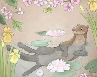 Pre -order spring river bank series otter printed panel on quilting cotton 30.5 by 30.5 cms