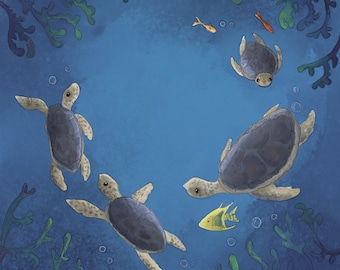 Sea turtles ocean printed panel on quilting cotton 30.5 by 30.5 cms