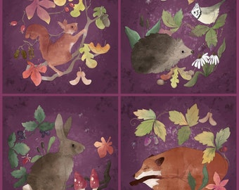 Pre-order Fabric set of 4 Autumn sets in panels each 30. 5cm square quilting cotton plum fox hedgehog hare squirrel crested tit.