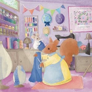 Sewing room with Poppy and Flo printed panel on quilting cotton mouse squirrel 47cm square