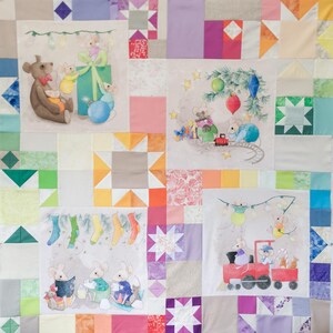 Fabric & Printed pattern for rainbow Christmas quilt patchwork and panel set mice