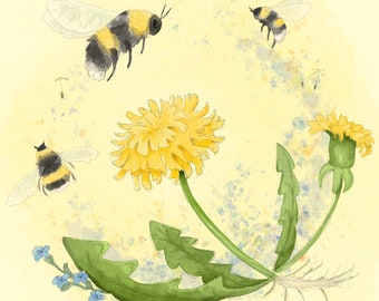 Bees and dandelion printed panel on quilting cotton 30.5 by 30.5 cms