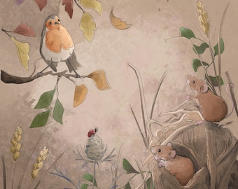 Pre -order robin and harvest mice tan printed panel  30.5 by 30.5 cms