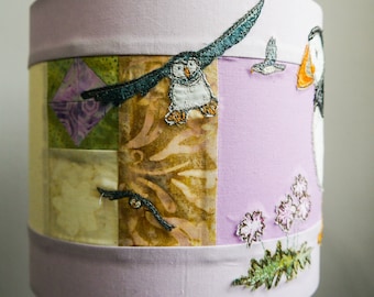 Printed pattern for puffin lilac coastal lampshade raw edge applique free motion embroidery.