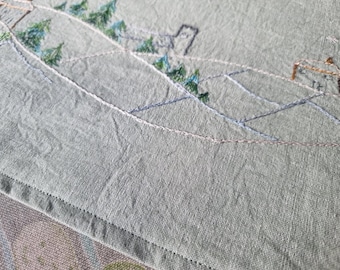 Over the snowy fields printed pattern table runner Christmas winter free motion embroidery  hand sewing Raggedy Ruff Embroidery