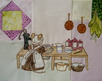 Printed  pattern for Block 2 Life in the Town Victorian Mice Scullery Maid Mabel kitchen raw edge applique tutorial free motion embroidery