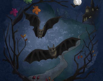 Pre-order Fabric panel spooky bats blue 30.5 cm square quilting cotton