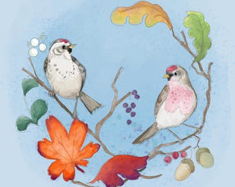 Pre-order Fabric panel autumn redpolls and leaves berries watercolour effect on blue 30. 5cm square quilting cotton