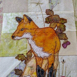 Printed pattern for Highlands quilt block 3 Fox and toadstools raw edge applique tutorial free motion embroidery