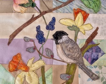 PDF pattern for A Year of flowers for Foxy  block 3 quilt birds spring summer free motion embroidery applique raw edge