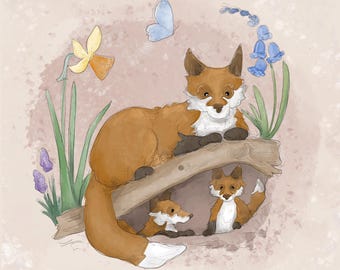 Spring fox den printed panel on quilting cotton 30. 5by 30.5 cms