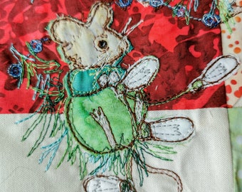 Printed pattern Mice Tree Skirt" Block 2 applique Christmas tree skirt baubles red green cream