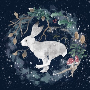 Pre-order Fabric panel Winter hare running on dark blue 30cm square quilting cotton