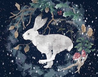 Pre-order Fabric panel Winter hare running on dark blue 30cm square quilting cotton