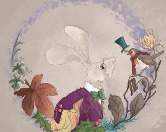 Victorian Christmas Hare and robin printed panel on quilting cotton 30 by 30cms