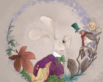 Victorian Christmas Hare and robin printed panel on quilting cotton 30 by 30cms