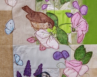 PDF pattern for the secret garden block 4 bluetit and sparrow roses quilt raw edge applique tutorial free motion embroidery