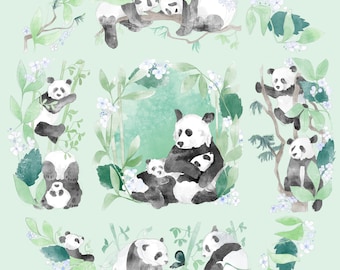 Pre-order Fabric panel panda family wreath light green 24 inch square quilting cotton