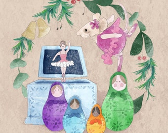 Pre -order Christmas toy shop window printed panel 2 on quilting cotton 30. 5 by 30.5 cms music box, nesting doll ballerina mice