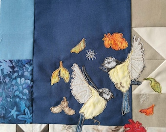 Printed pattern for Autumn Forest  block 6 quilt bluetits  bird autumn free motion embroidery applique raw edge