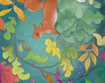 Pre -order autumn squirrel garden printed panel on quilting cotton 30.5 by 30.5 cms
