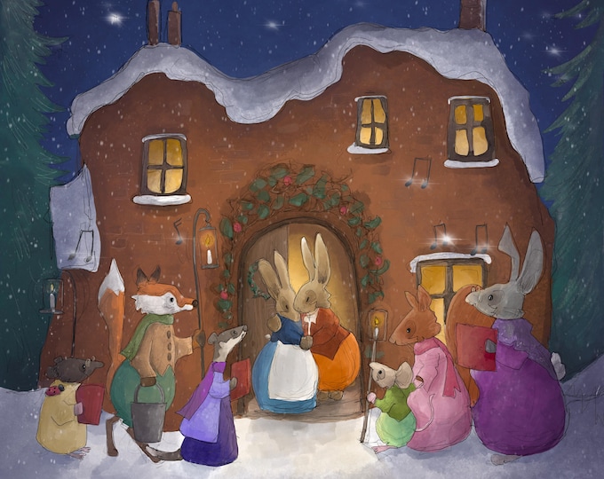 Featured listing image: Pre-order Fabric woodland Christmas carolling  47.5cm square quilting cotton