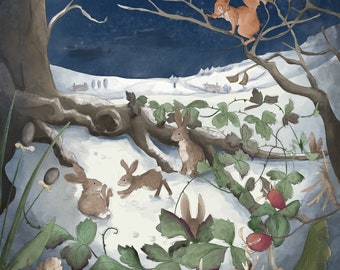 Pre -order winter scene with rabbits and squirrel printed panel on quilting cotton 47 by 47 cms