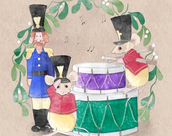 Christmas card Toy Shop Window Mice Drummers on light taupe 145mm square blank inside