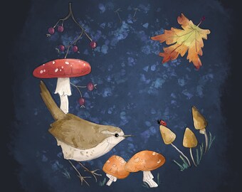 Pre -order autumn evening wren printed panel on quilting cotton 30.5 by 30.5 cms