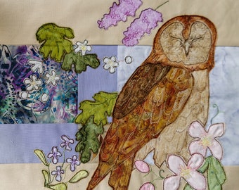 Fabric Kit and Printed pattern for A Study in Lilac block 8 tawny owl raw edge applique tutorial free motion embroidery