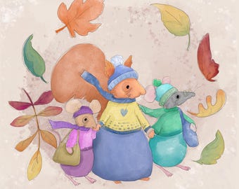 Pre -order sally the shrew printed panel late summer time 30.5 by 30.5 cms with friends autumn walk