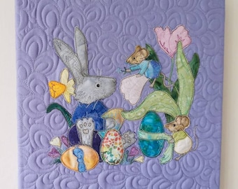 Fabric kit and Printed pattern for "easter bunny and friends"  raw edge applique tutorial free motion embroidery