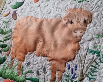 Original art for sale 'highland cow in' 12" by 12" Wall hanging embroidered textile art